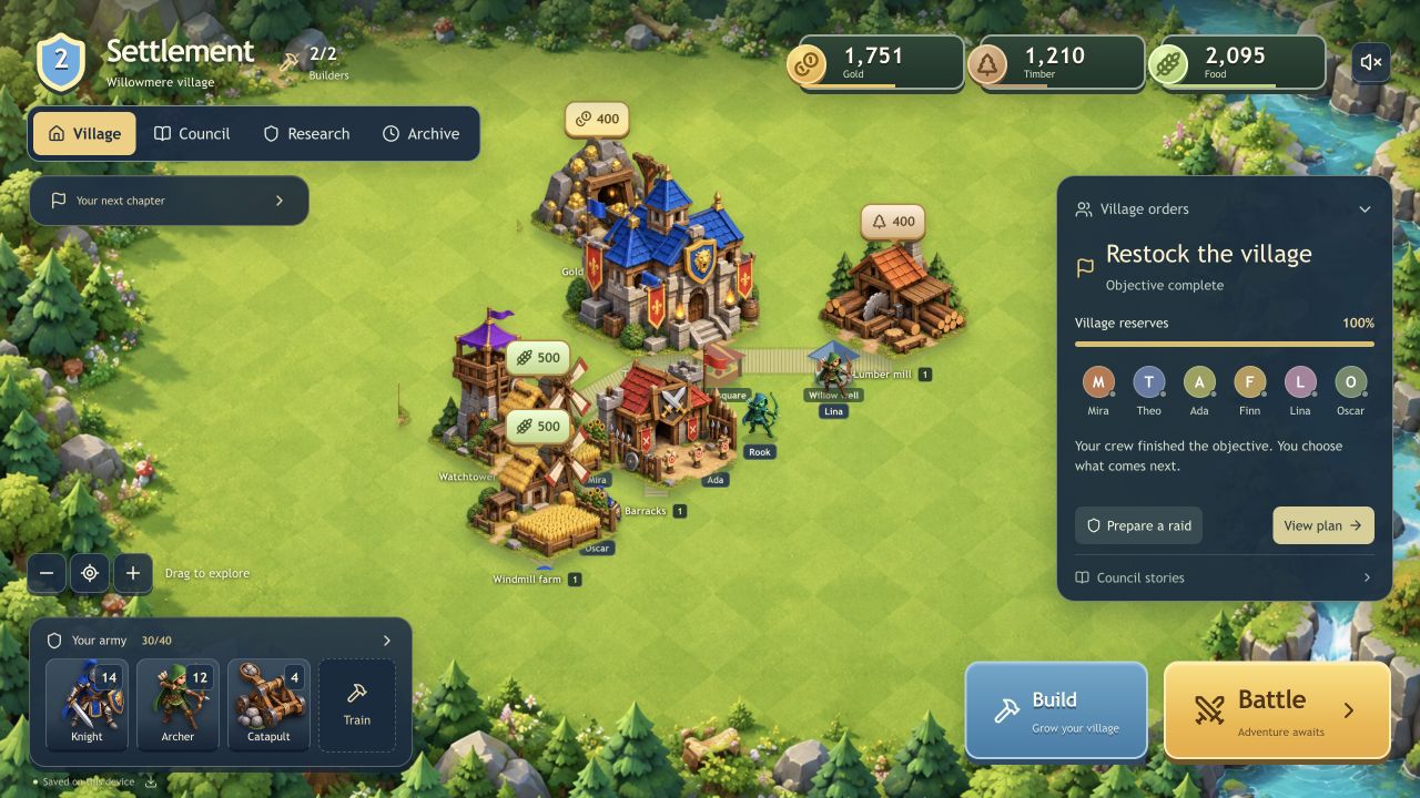 Settlement gameplay: an isometric village with a castle, resource buildings, six residents, and village objectives